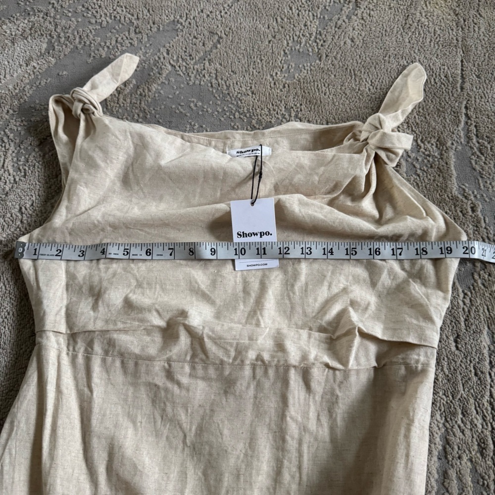 SHOWPO Cincinnati maxi beige Dress off shoulder cotton linen slit classy 10 new - Picture 11 of 15